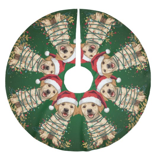 Moderne fröhliche Lab-Christbaum-Welpen-Hund-Muste Polyester Weihnachtsbaumdecke (Vorderseite)