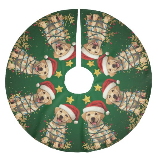 Moderne fröhliche Lab-Christbaum-Welpen-Muster Polyester Weihnachtsbaumdecke (Vorderseite)