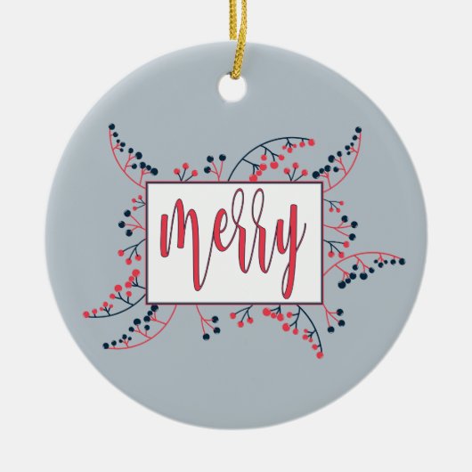 Moderne, fröhliche Nachricht Rot-blaue Beeren Weih Keramik Ornament (Vorne)