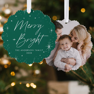 Moderne Fröhliche und Helle Grüne Feiertagsfoto Ornament Karte