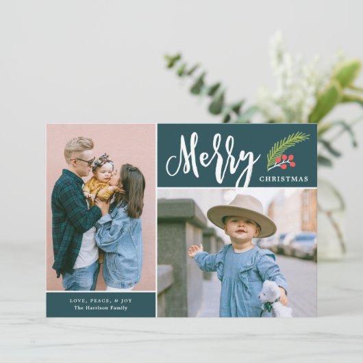 Moderne, fröhliche Zwei-Foto Weihnachten Aquamarin (Stehend Vorderseite)