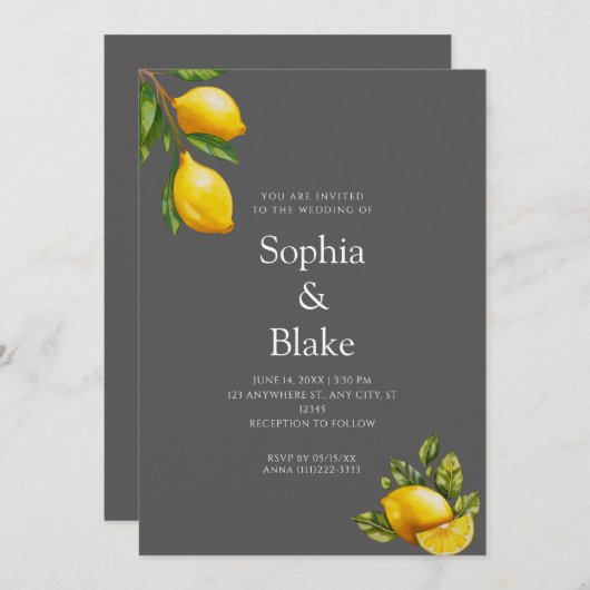 Moderne Frühjahr Themed Lemon Citrus Gray Hochzeit Einladung (Vorne/Hinten)