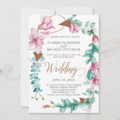 Moderne Frühjahrs-Pink-Minze-Magnolia-Kranz Hochze Einladung (Vorderseite)