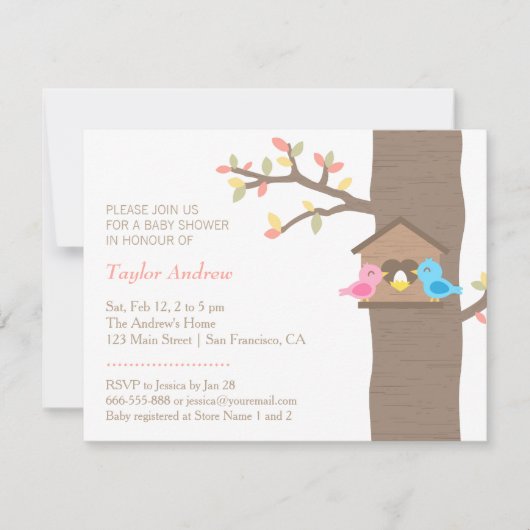 Moderne Frühlingbirdhouse-Nest-Vogel-Babyparty Einladung (Vorderseite)