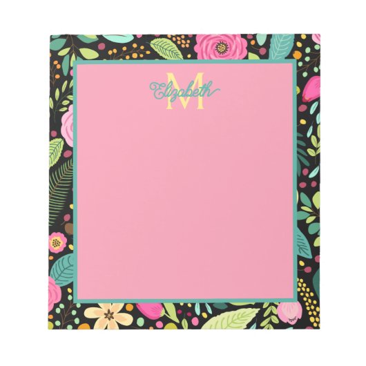 Moderne Frühlingsblumen auf schwarzem Monogramm Notizblock (Vorderseite)