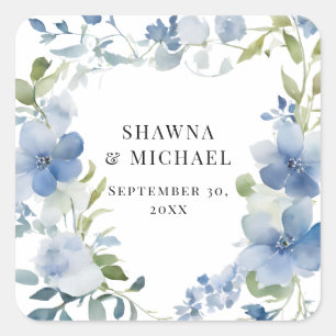 Moderne Frühlingsblumen Blau Weiße Aquarell-Hochze Quadratischer Aufkleber