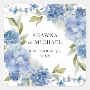 Moderne Frühlingsblumen Hochzeit in Blau und Weiß  Quadratischer Aufkleber