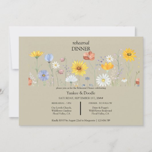 Moderne Frühlingshochzeit mit Wildblumen - Abendes Einladung (Vorderseite)