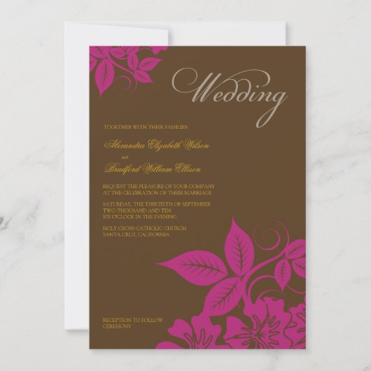 Moderne Fuchsia/Brown Floral Wedding Einladung (Vorderseite)
