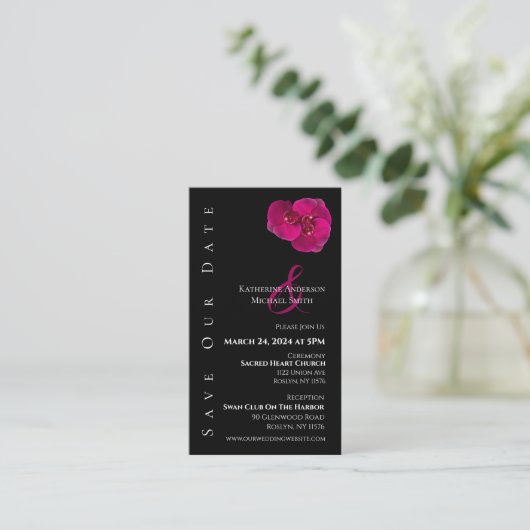 Moderne Fuchsia Orchids Hochzeit-Save the Date- Visitenkarte (Stehend Vorderseite)