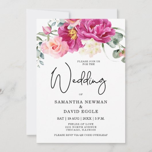 Moderne Fuchsia Pink Floral QR Code Hochzeit Einladung (Vorderseite)