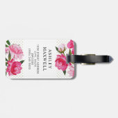 Moderne Fuchsia Pink Floral Wedding Monogram Lette Gepäckanhänger (Rückseite horizontal)