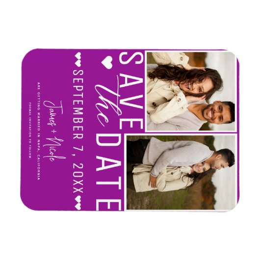 Moderne Fuchsia Save the Date 2 Foto Hochzeit Magnet (Horizontal)