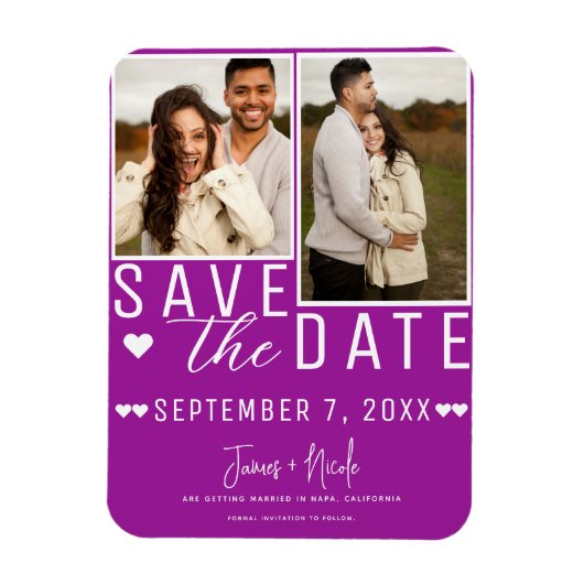 Moderne Fuchsia Save the Date 2 Foto Hochzeit Magnet (Vertikal)