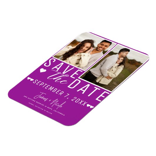 Moderne Fuchsia Save the Date 2 Foto Hochzeit Magnet (Linke Seite)