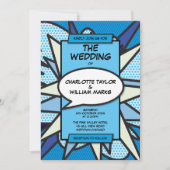 Moderne Fun Blue Comic Book Foto Hochzeit Einladung (Vorderseite)