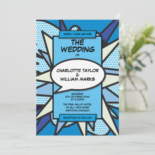 Moderne Fun Blue Comic Book Foto Hochzeit Einladung (Stehend Vorderseite)