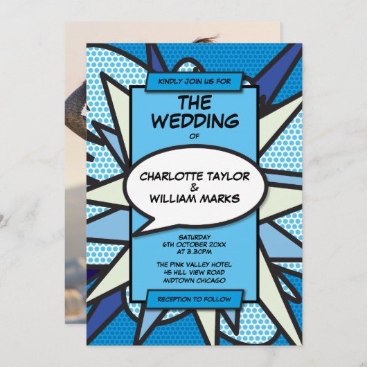 Moderne Fun Blue Comic Book Foto Hochzeit Einladung (Vorne/Hinten)
