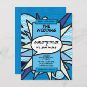 Moderne Fun Blue Comic Book Wedding Einladungspostkarte (Vorne/Hinten)