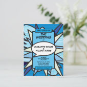 Moderne Fun Blue Comic Book Wedding Einladungspostkarte (Stehend Vorderseite)