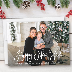Moderne Fun Calligraphy Happy New Year Family Foto Feiertagskarte