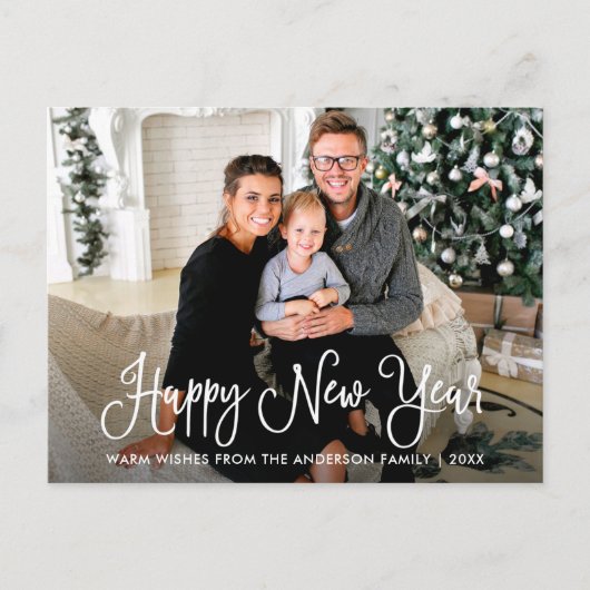 Moderne Fun Calligraphy Happy New Year Family Foto Postkarte (Vorderseite)