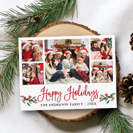 Moderne Fun Calligraphy Red Holly 5 Foto Holiday Postkarte