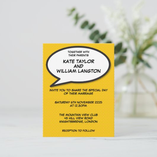 Moderne Fun Comic-Hochzeit Einladungspostkarte (Stehend Vorderseite)