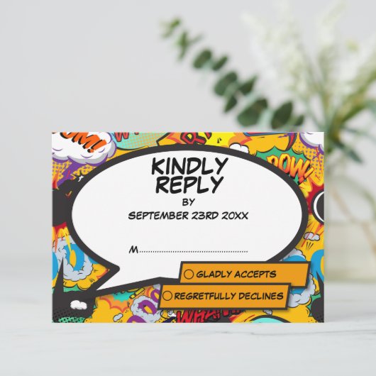 Moderne Fun Comic-Hochzeit RSVP Karte (Stehend Vorderseite)