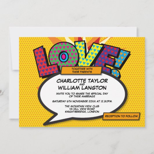 Moderne Fun Comic Liebe Hochzeit Einladung (Vorderseite)