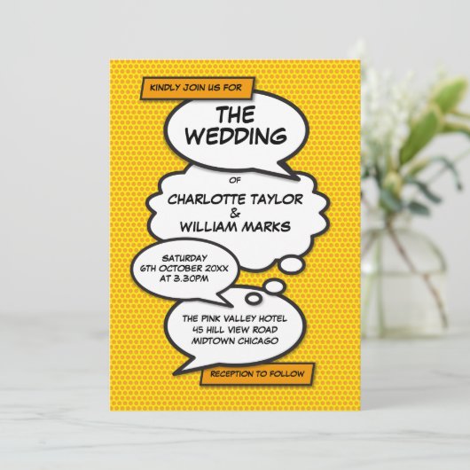 Moderne Fun Designer Comic Hochzeit Einladung (Stehend Vorderseite)