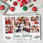 Moderne Fun Grüne Kalligraphie 5 Foto Feiertagskarte<br><div class="desc">Modern Fun Calligraphy Script 5 Foto Family Foto Collage Happy Holidays Card beinhaltet Watercolor Christmas Holly Berries - Green</div>