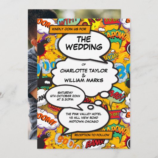 Moderne Fun Typografy Foto Comic Book Wedding Einladung (Vorne/Hinten)
