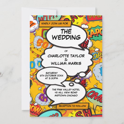Moderne Fun Typographic Comic Book Wedding Einladung (Vorderseite)