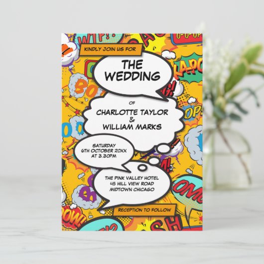 Moderne Fun Typographic Comic Book Wedding Einladung (Stehend Vorderseite)