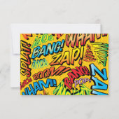 Moderne Fun Typographic Comic Book Wedding RSVP Karte (Rückseite)