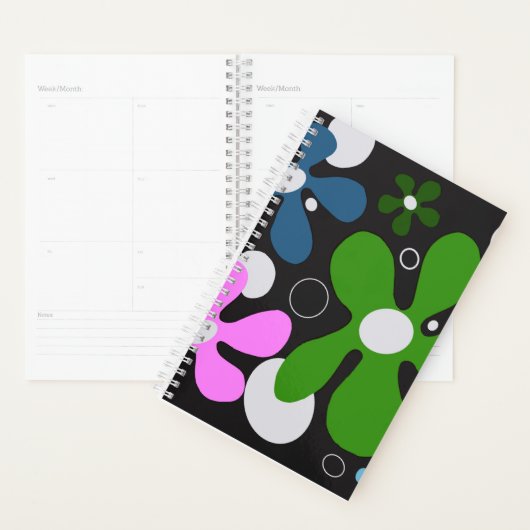 Moderne, funky blaue, grüne und rosa Blume. Planer (Anzeige)