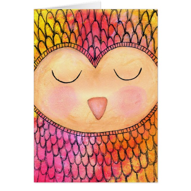 Moderne Funky Sleepy Owl Mixed Media Painting (Vorne)
