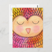 Moderne Funky Sleepy Owl Mixed Media Painting Postkarte (Vorne/Hinten)