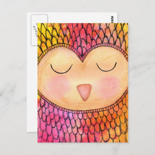 Moderne Funky Sleepy Owl Mixed Media Painting Postkarte (Vorne/Hinten)