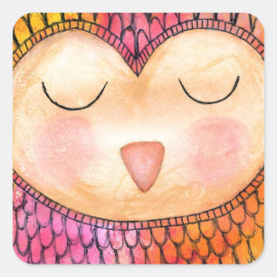 Moderne Funky Sleepy Owl Mixed Media Painting Quadratischer Aufkleber
