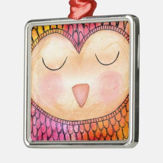 Moderne Funky Sleepy Owl Mixed Media Painting Silbernes Ornament (Links)