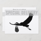 Moderne Funny Stork Neutral Baby Dusche Einladung (Vorne/Hinten)