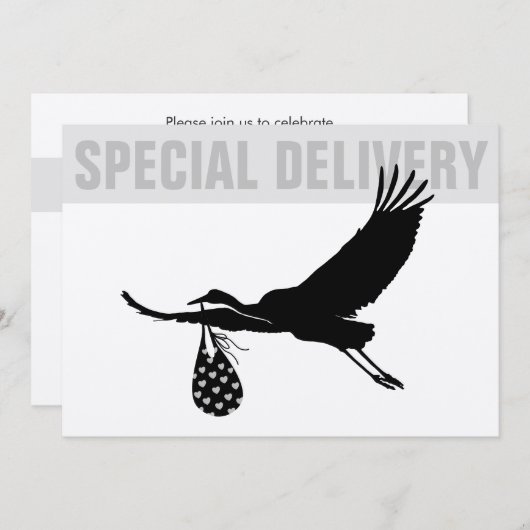 Moderne Funny Stork Neutral Baby Dusche Einladung (Vorne/Hinten)