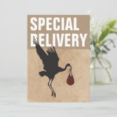 Moderne Funny Stork Neutral Baby Dusche Einladung (Stehend Vorderseite)