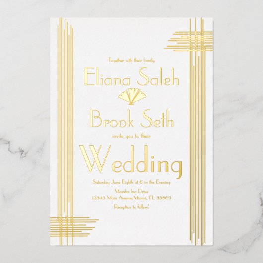 Moderne Gabsty Art Deco Gold Hochzeitsfolie Folieneinladung (Vorderseite)