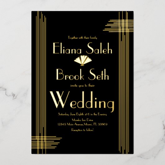 Moderne gabsty Art Deco Gold Wedding Folieneinladung (Vorderseite)