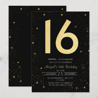 Moderne Galaxy Black Gold Sweet 16. Geburtstagspar Einladung