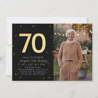 Moderne Galaxy Foto Black Gold 70. Geburtstagspart Einladung