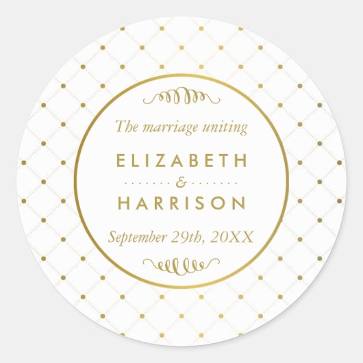 Moderne Gastgeschenk Hochzeit von White & Gold Foi Runder Aufkleber (Vorderseite)